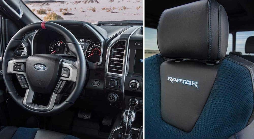 A close up shows the interior and Raptor logo on the seat of a 2021 Ford F-150 Raptor.