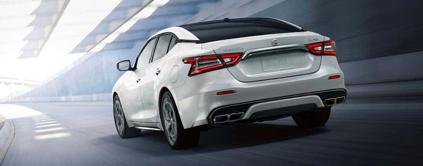 Get your next car with Newton Fastpass, like this white 2021 Nissan Maxima, shown from the rear driving in a tunnel.