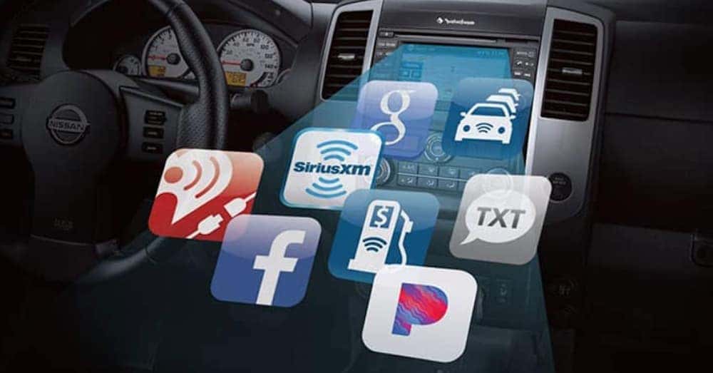 Application icons are coming out of the infotainment screen in a 2020 Nissan Frontier.