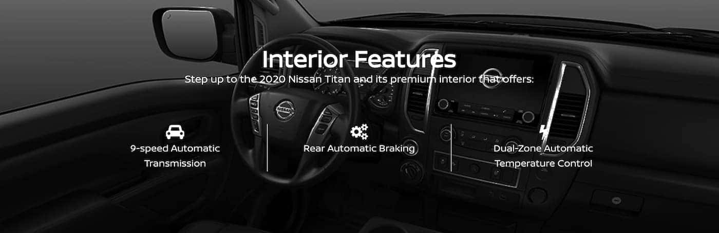 Interior features for a 2020 Nissan Titan are listed in over the black interior view.