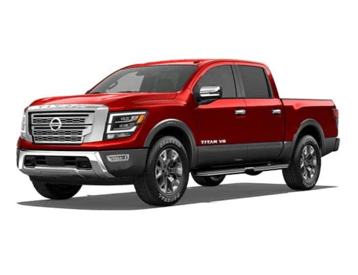 A red 2020 Nissan Titan is angled left.