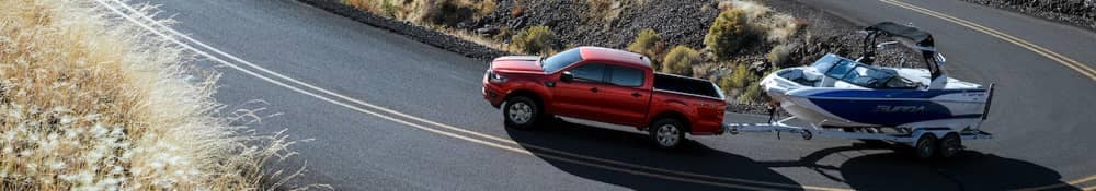 2021 Ford Ranger. tows a speed boat up a mountain