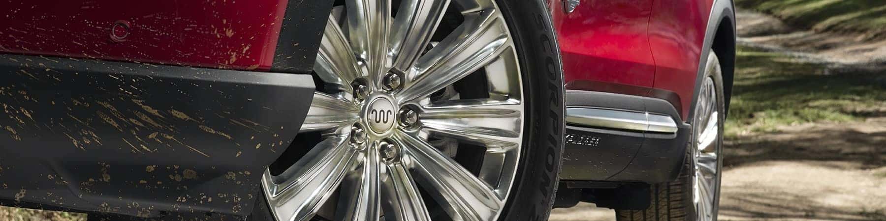 Closeup of a 20 inch Ten Spoke Aluminum Wheel on a 2021 Ford Explorer King Ranch