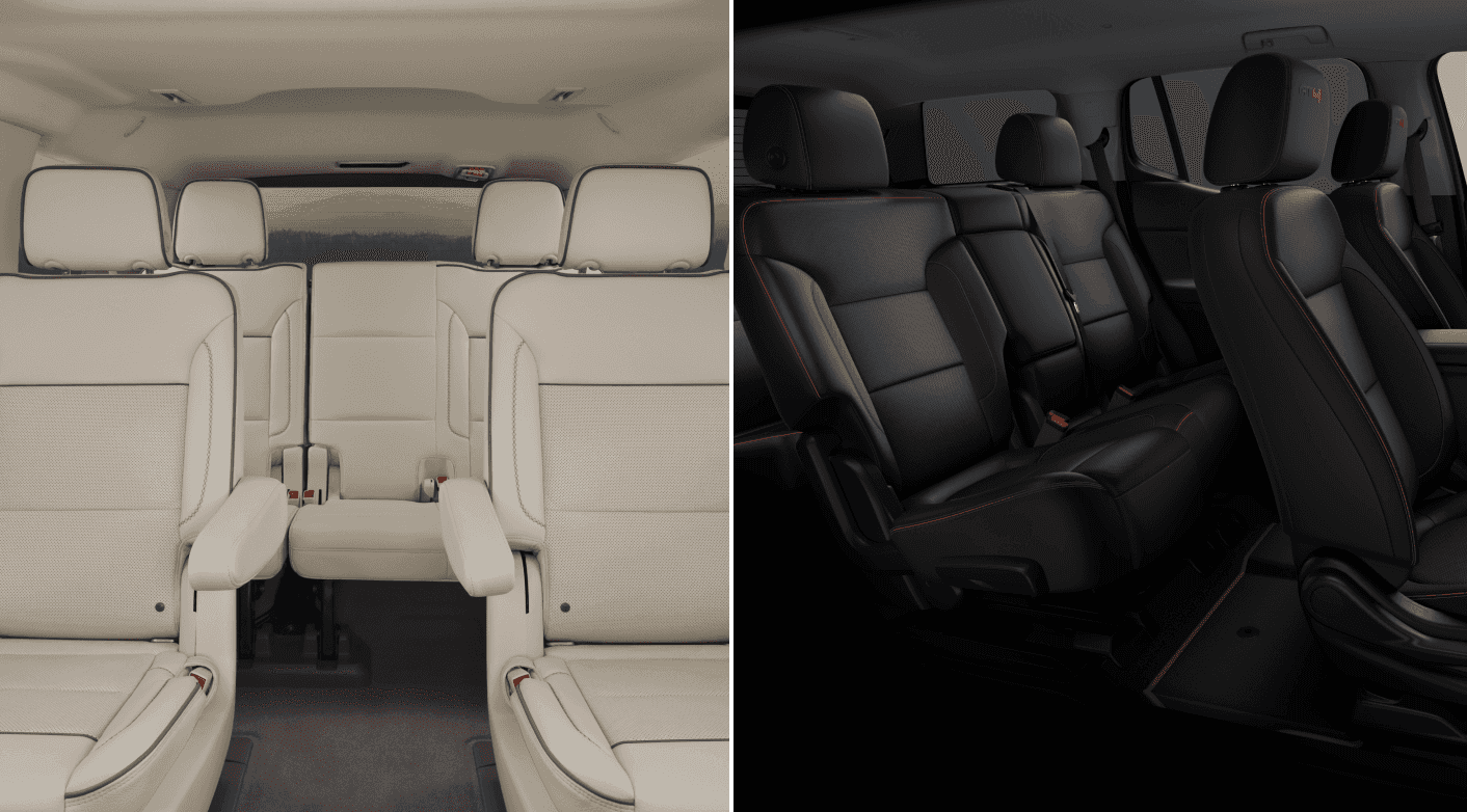 The white interior os a GMC Yukon and the black interior in a GMC Acadia.