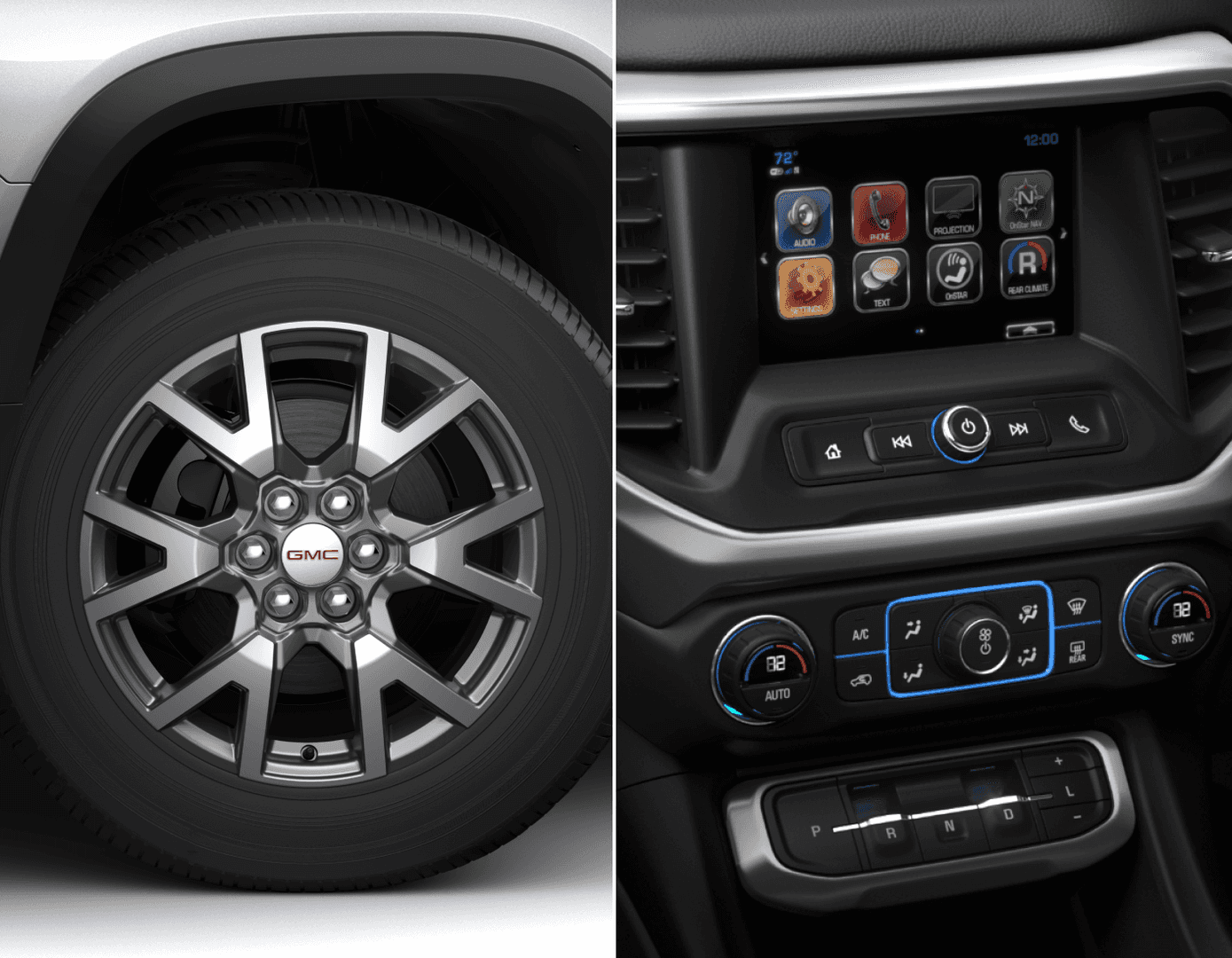 A GMC wheel and a GMC infotainment screen.