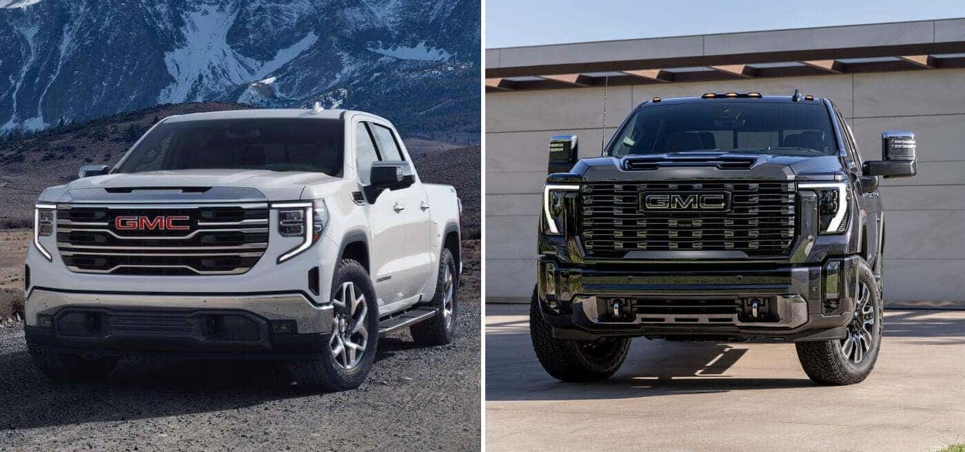 A white 2024 GMC Sierra 1500 and a black GMC 2024 Sierra 2500.