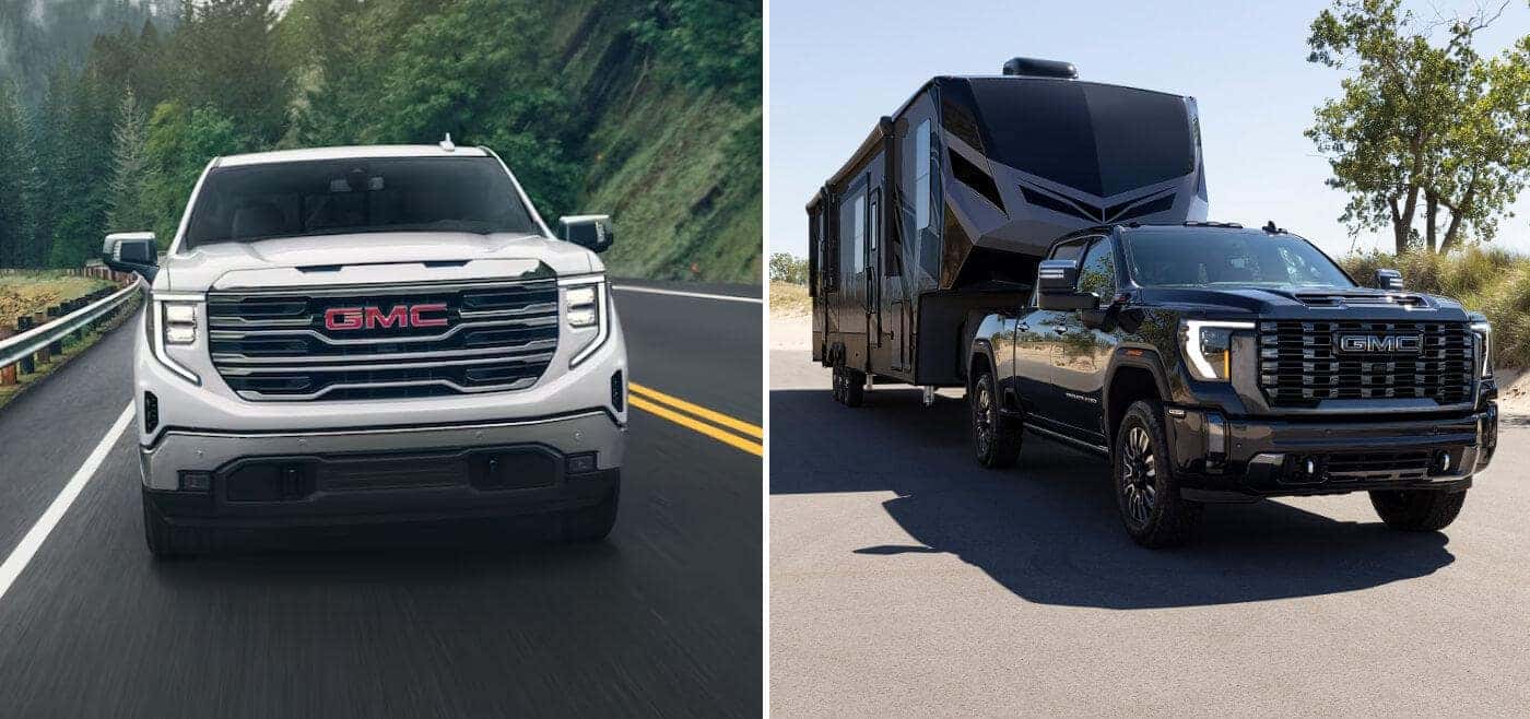 A white 2024 GMC Sierra 1500 and a black GMC 2024 Sierra 2500.