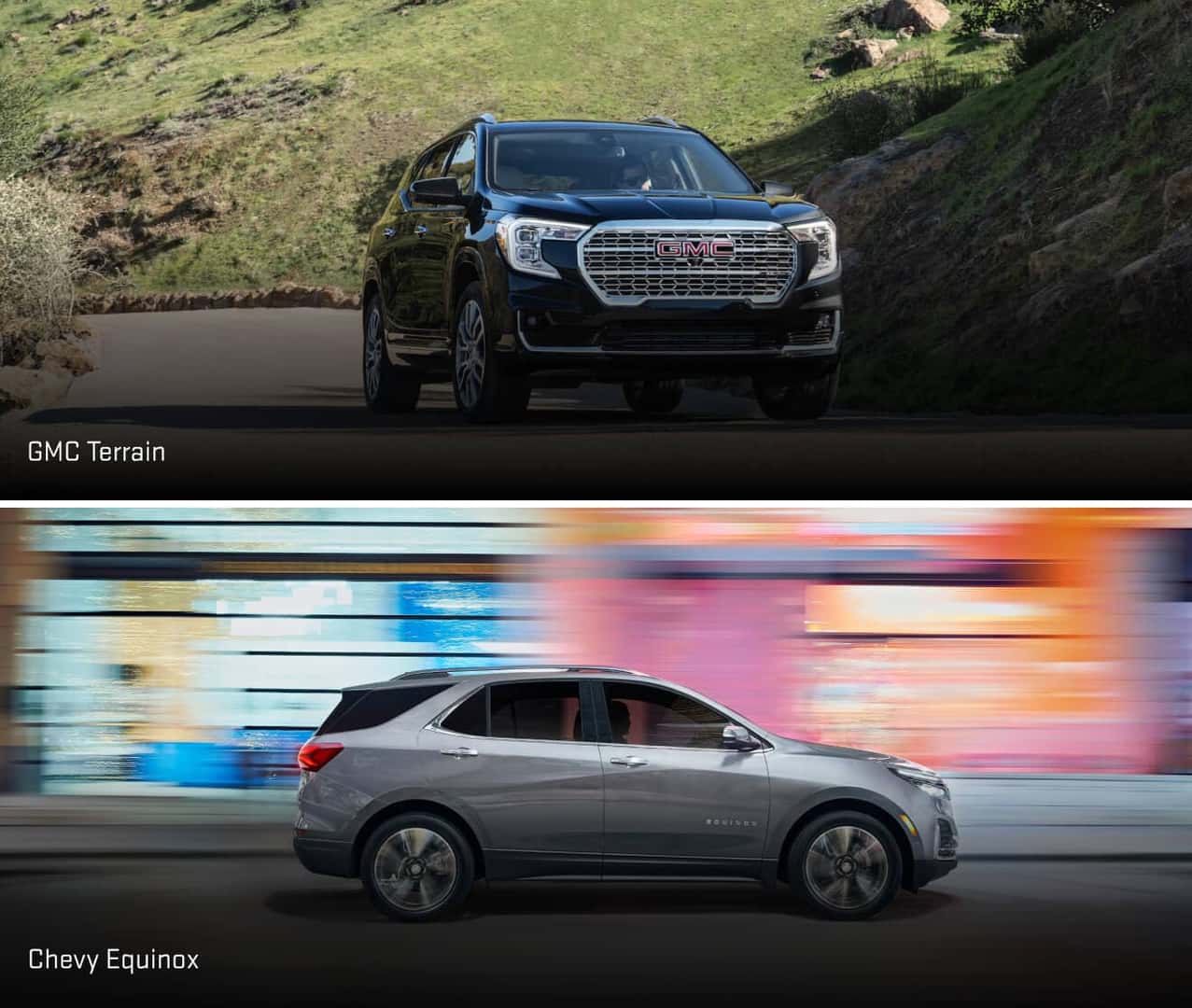 A black 2024 GMC Terrain over a silver 2024 Chevy Equinox.