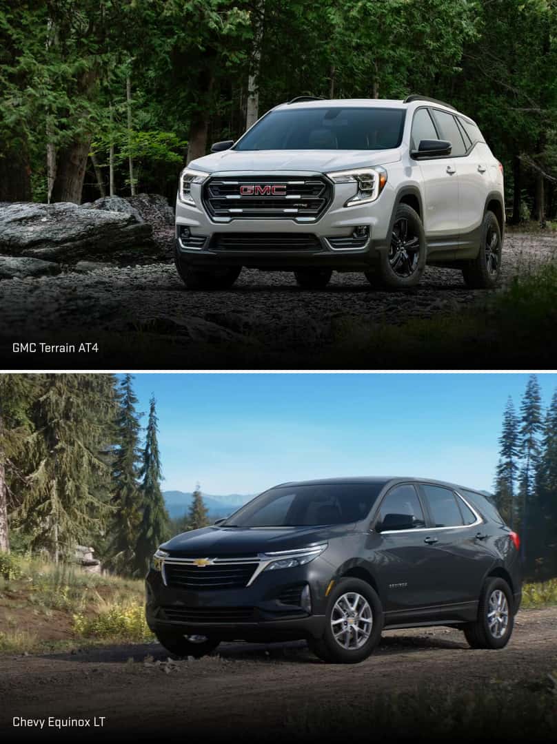 A white GMC Terrain over a black Chevy Equinox.