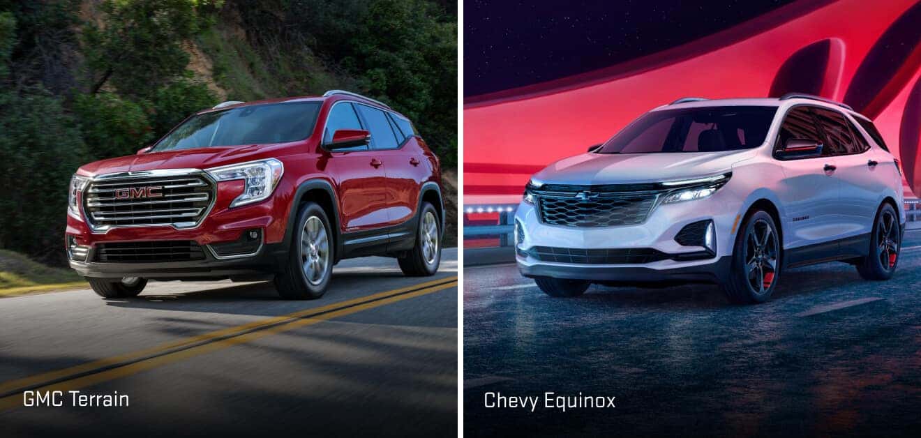A red GMC Terrain near a white Chevy Equinox.