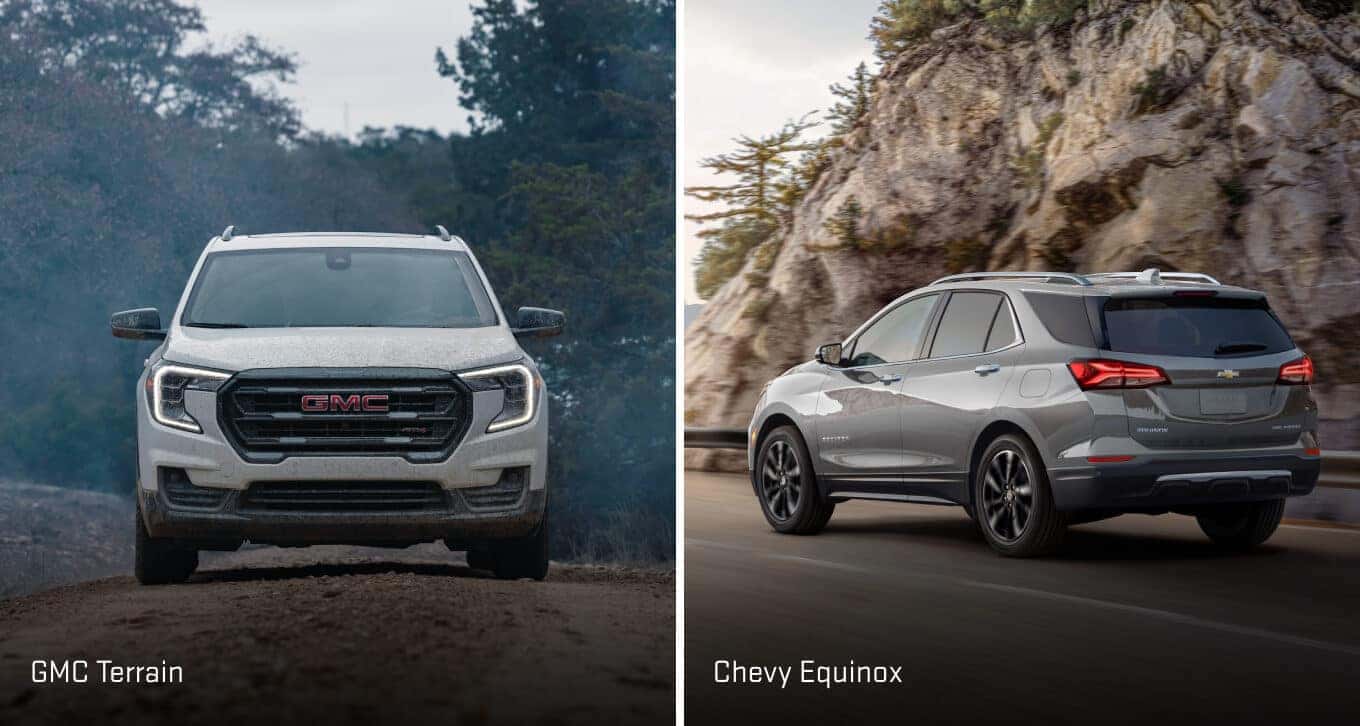 A white GMC Terrain near a silver Chevy Equinox.