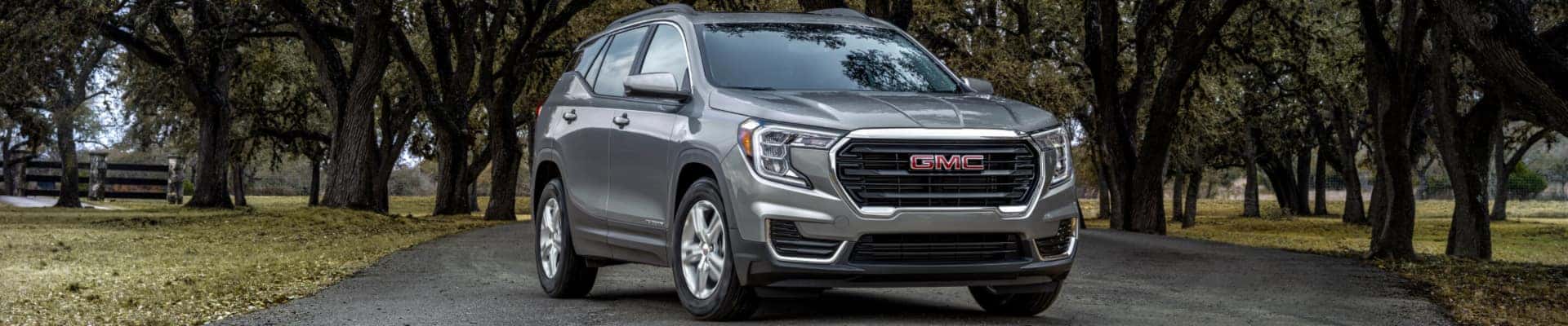 A silver GMC Terrain SLE parked on a road.