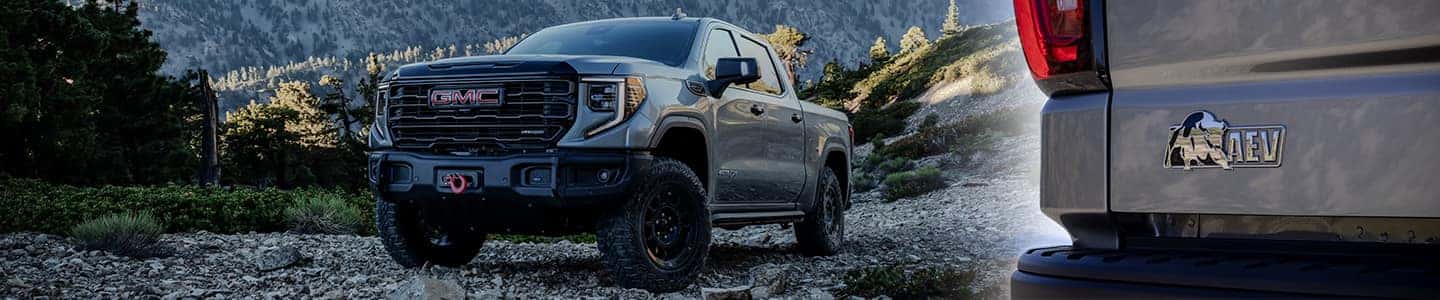A gray 2023 GMC Sierra 1500 AT4X AEV Edition parked off-road.