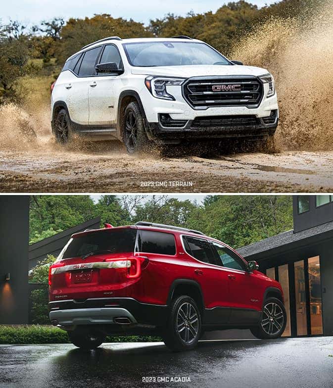 A white 2024 GMC Terrain and a red 2024 GMC Acadia.