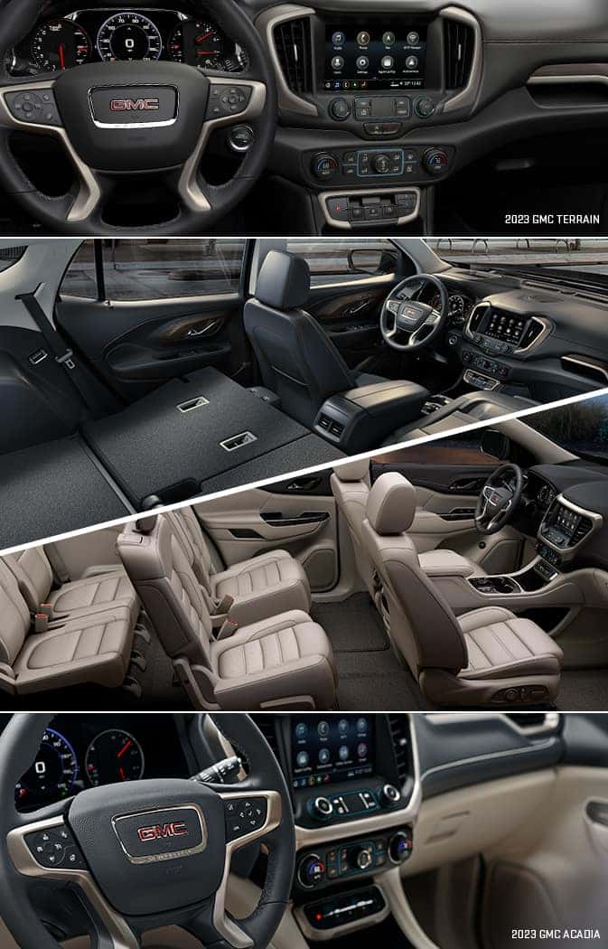 The interior and dashboards in a GMC Terrain and a GMC Acadia.