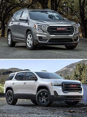 A silver GMC Terrain over a white GMC Acadia.