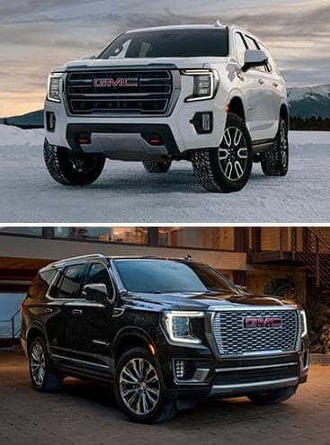 A white 2023 GMC Yukon over a black 2022 GMC Yukon.