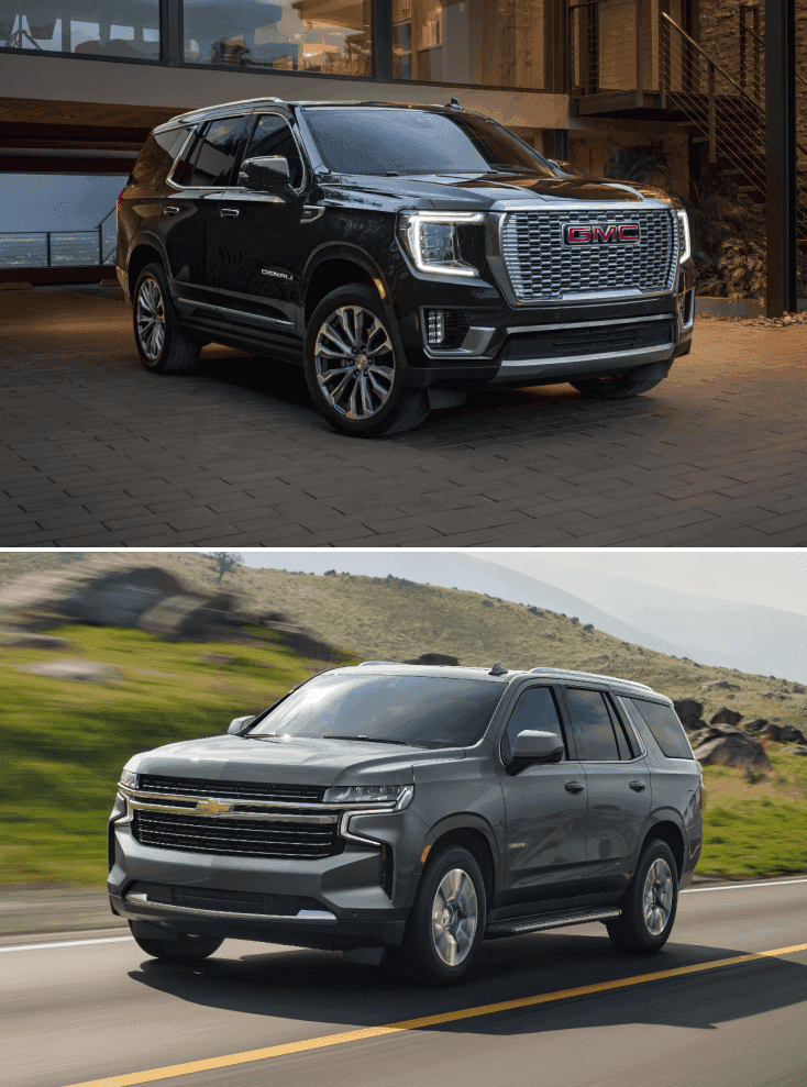 A black 2023 GMC Yukon over a gray 2023 Chevy Tahoe.