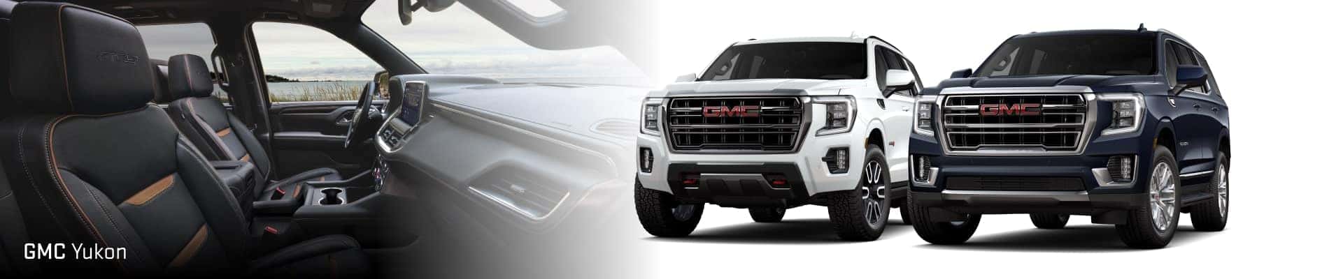 The black interior on the left and a black and white 2024 GMC Yukon on the right.