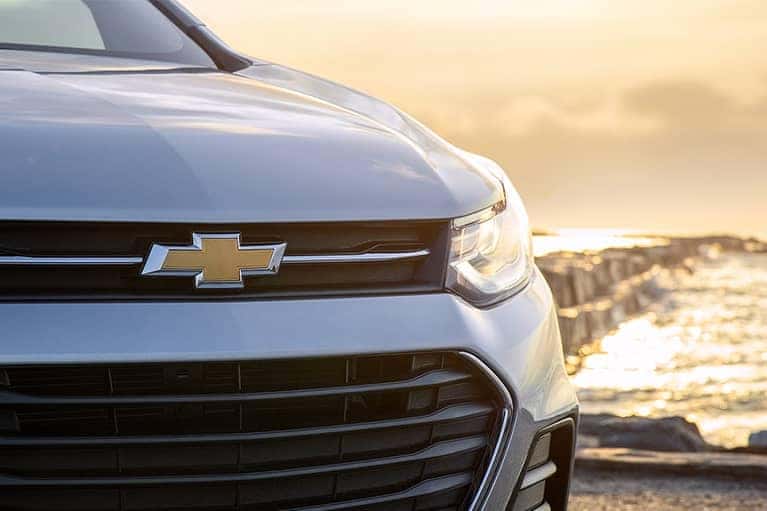 Closeup of the front of a white 2021 Chevrolet Trax