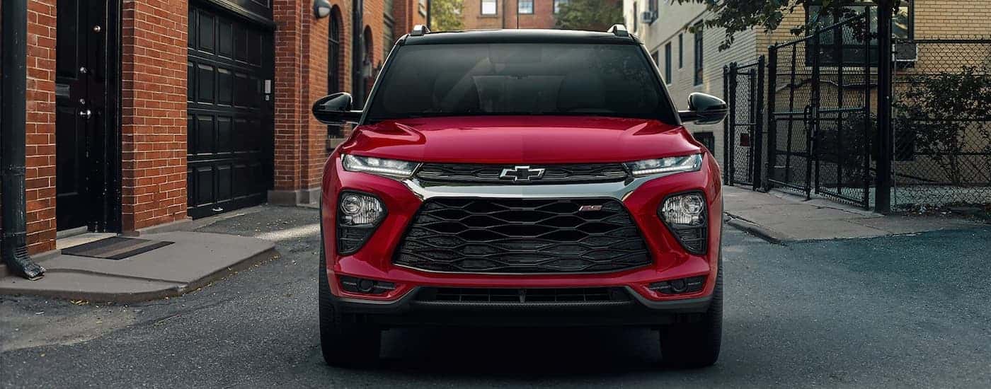 A red 2022 Chevy Trailblazer RS is shown from the front parked after leaving a used Chevy dealer.