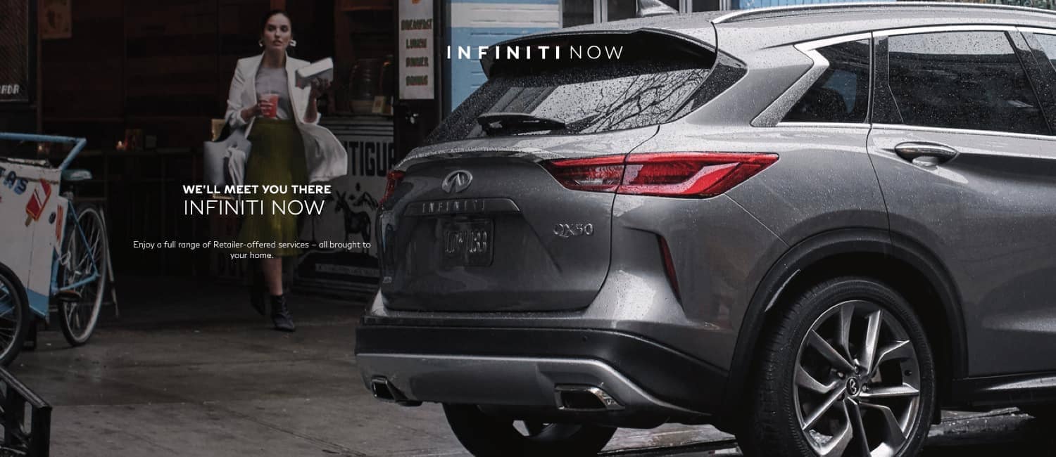 Promotional image for INFINITI Now online car buying featuring the INFINITI QX50 SUV