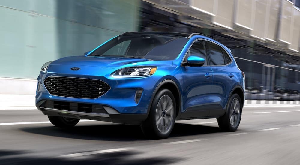 A blue 2022 Ford Escape is shown fro the front at an angle after leaving a dealer that has a used Ford Escape for sale.