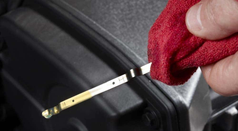 The oil level of a vehicle is being checked on a dipstick.