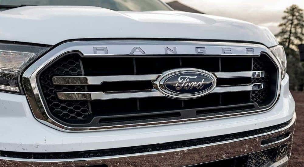 A close up shows the grille on a white 2021 Ford Ranger.