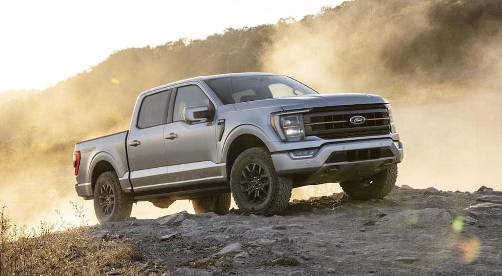 A silver 2023 Ford F-150 Tremor is shown parked off-road.