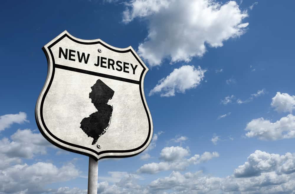 Image of a road sign with a graphic in the shape of New Jersey