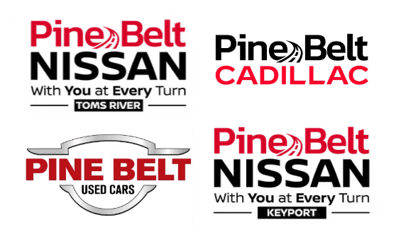 Logos for Pine Belt Nissan or Toms River, Pine Belt Cadillac, Pine Belt Used Cars, and Pine Belt Nissan of Keyport