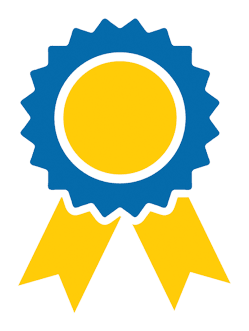 Yellow ribbon logo with blue trim around circle