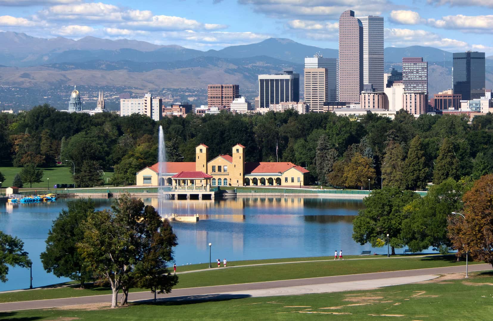 Photo of Denver City Park, the downtown skyline and front range mountains - used to illustrate a page about Prestige Imports a Porsche and Audi dealer near Denver, CO