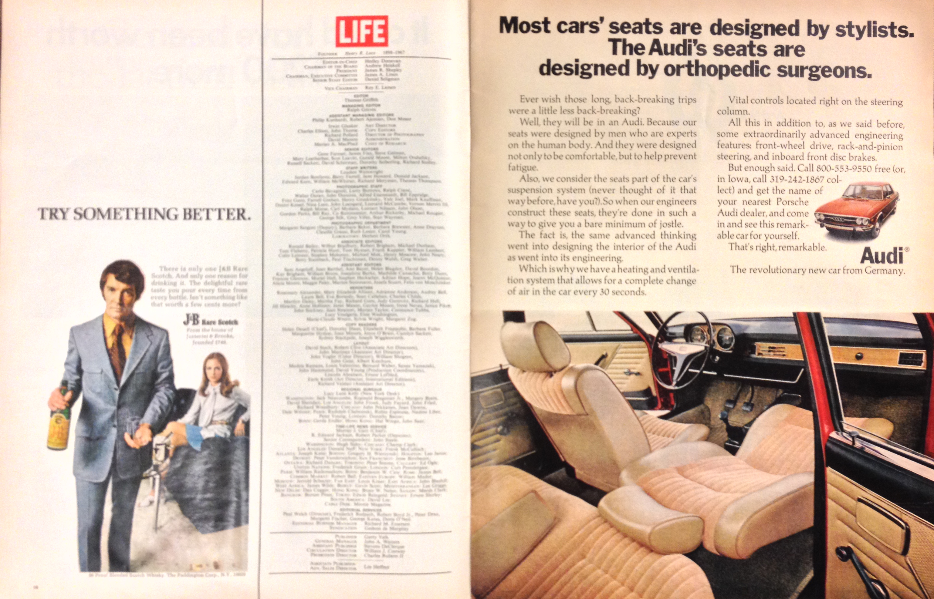 Audi Advertising - 29 May 1970 LIFE Magazine pages 16 and 17 - Audi's orthopedic seats