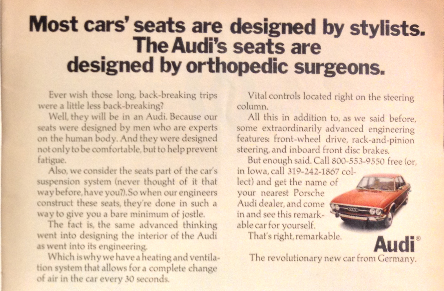 Audi Advertising - 29 May 1970 LIFE Magazine pages 16 and 17 - Audi's orthopedic seats - text