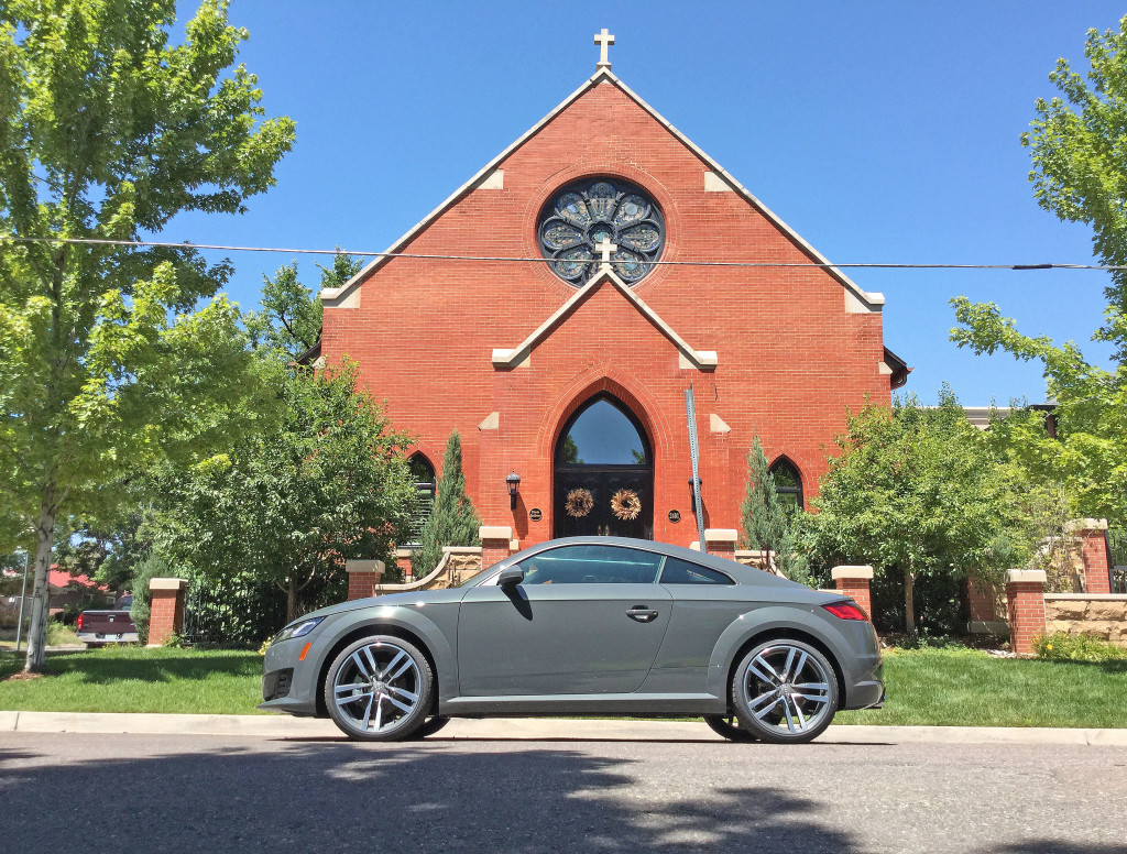 Profile view of the 2016 Audi TT at the corner of 5th Avenue and Josephine Street in the Cherry Creek neighborhood of Denver, Colorado