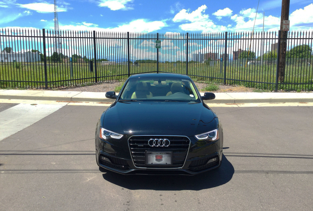 Front view of the 2016 Audi A5 near the intersection of Detroit Street and 10th Avenue in Denver's Congress Park neighborhood