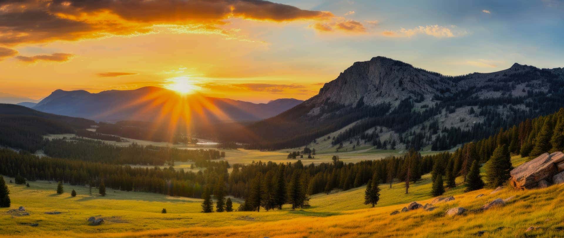 sun setting behind mountains in distance
