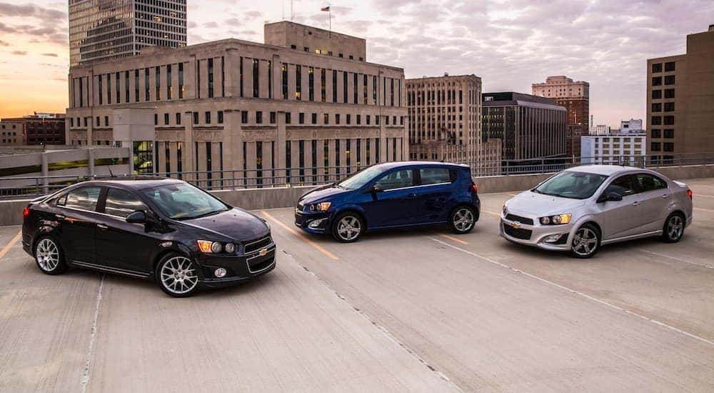 The three 2016 models of the Chevy Sonic are parked in a city near Bethlehem, PA. You can find the Chevy Sonic by searching, 'Chevy dealership near me'.