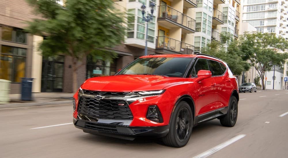 A bright red 2019 Chevy Blazer cruises the streets of Bethlehem PA