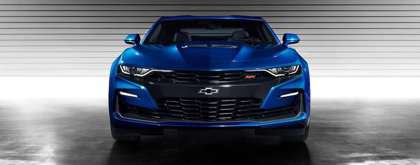 A deep blue high performance Chevy Camaro from a local PA Chevy Dealer near me is shown.
