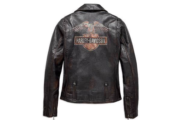 Back of a black leather Harley-Davidson leather jacket with a large logo across the shoulder blades.