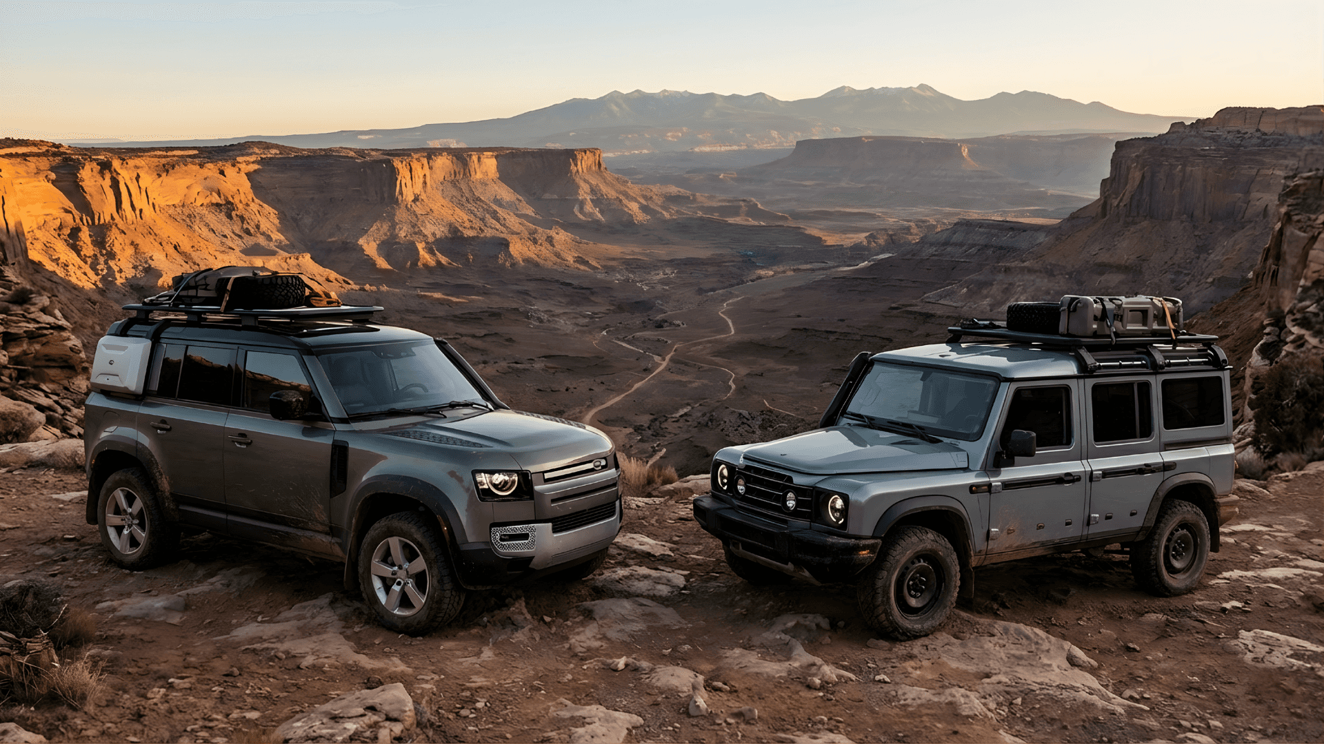 Off-road SUV positioned on a rocky desert overlook with canyon terrain in the background
