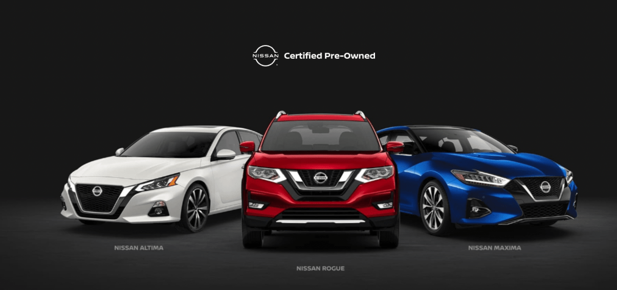 White Nissan Altima, red Nissan Rogue, blue Nissan Maxima