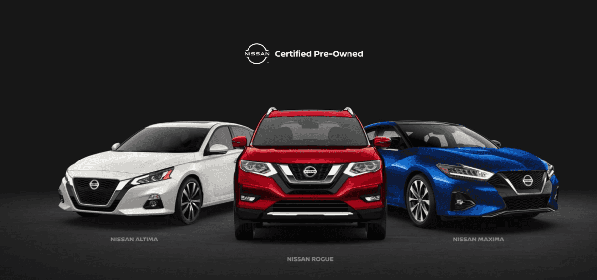 White Nissan Altima, red Nissan Rogue, blue Nissan Maxima