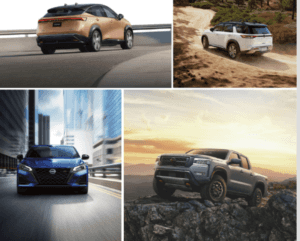 Nissan Vehicle Collage. First image: Nissan Electric vehicle on highway, second image next to first white suv on dirt road in moutains, third vehicle sedan on city road with skyscrapers in the backgroun, fourth vehicle is a truck on a rocky road against a sunset backdrop.