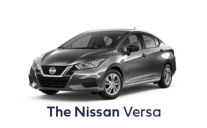 Grey Nissan Versa wih silver decals and rims against a white backdrop highlighting features
