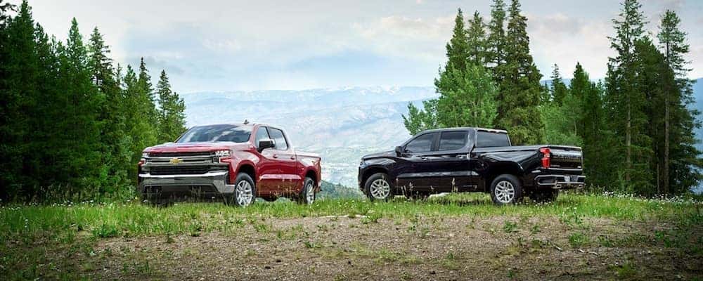 One black and one red 2020 Chevy Silverado parked in a field in front of mountains