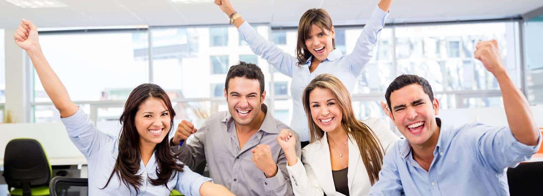 Team of Employees with Arms Reaching Out